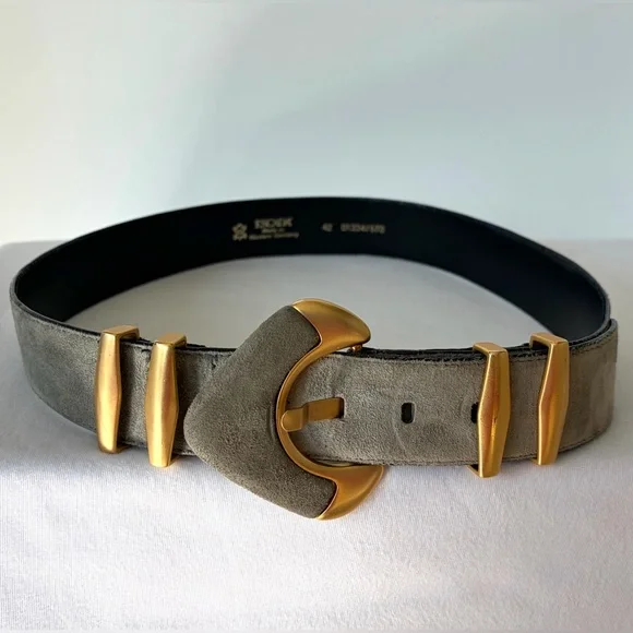 Escada Suede statement belt, matte gold hardware, suede buckle, L, 33-36” - Picture 3 of 9